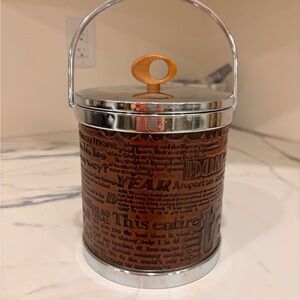 MCM Ice Bucket Silver & Duo Tone Leather Look Wooden Knob Bonus Set of Bar Tools